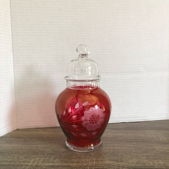 Vtg Hughes Ruby Glass Apothecary Jar with Etched Cornflower Design - Picture 4 of 12